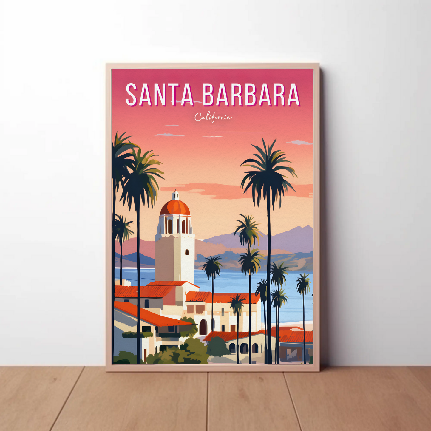 Santa Barbara California Palm Coast Sunset Travel Poster