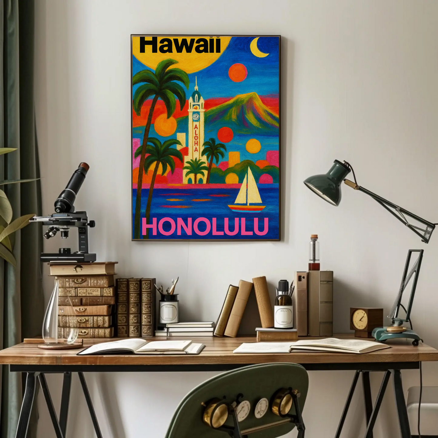 Honolulu Hawaii Skyline Retro Vintage Travel Poster