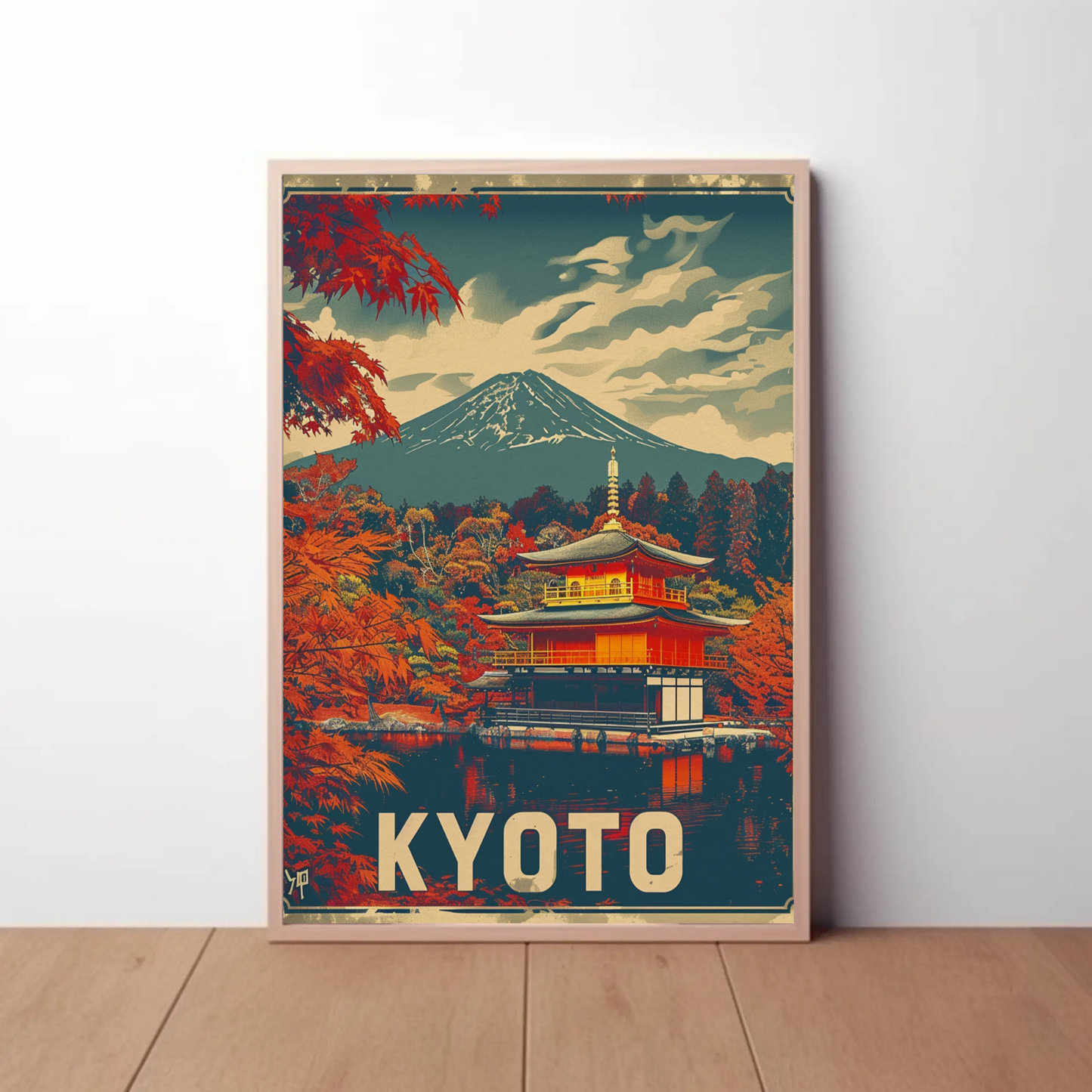 Kyoto Temple Autumn Mount Fuji Travel Poster