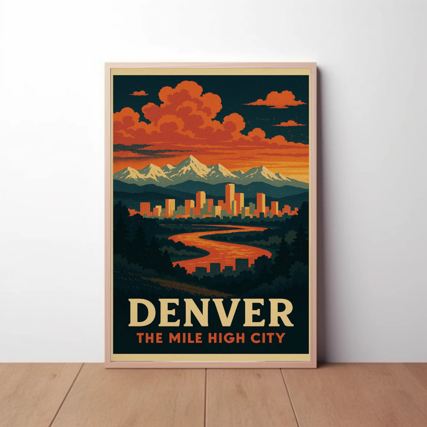 Denver Colorado Sunset Skyline Mountains Travel Poster