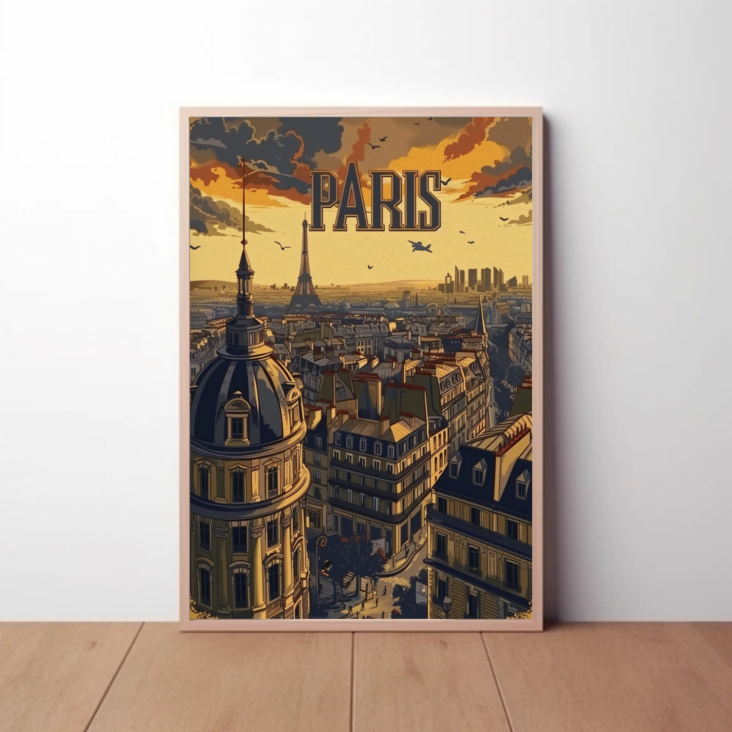 Paris Eiffel Tower Rooftop Sunset Travel Poster