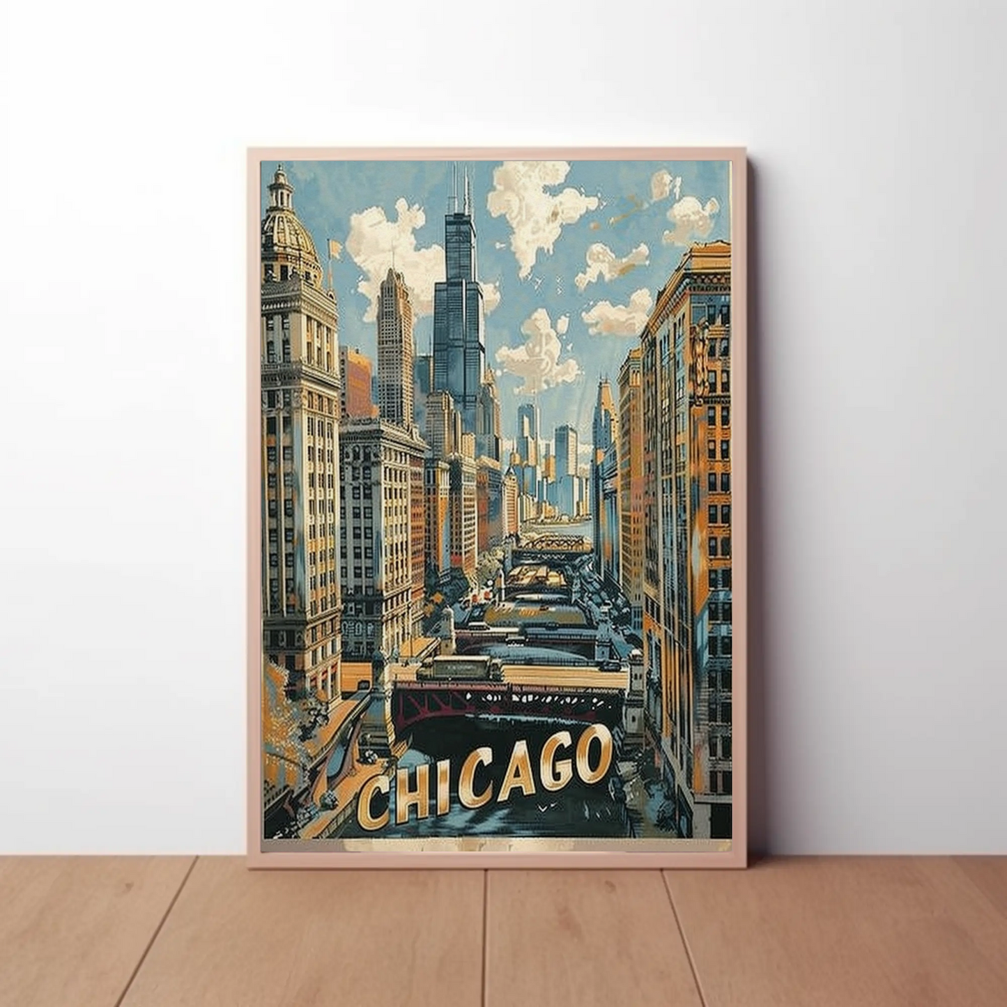 Chicago Skyline River Train Architecture Cityscape Travel Poster