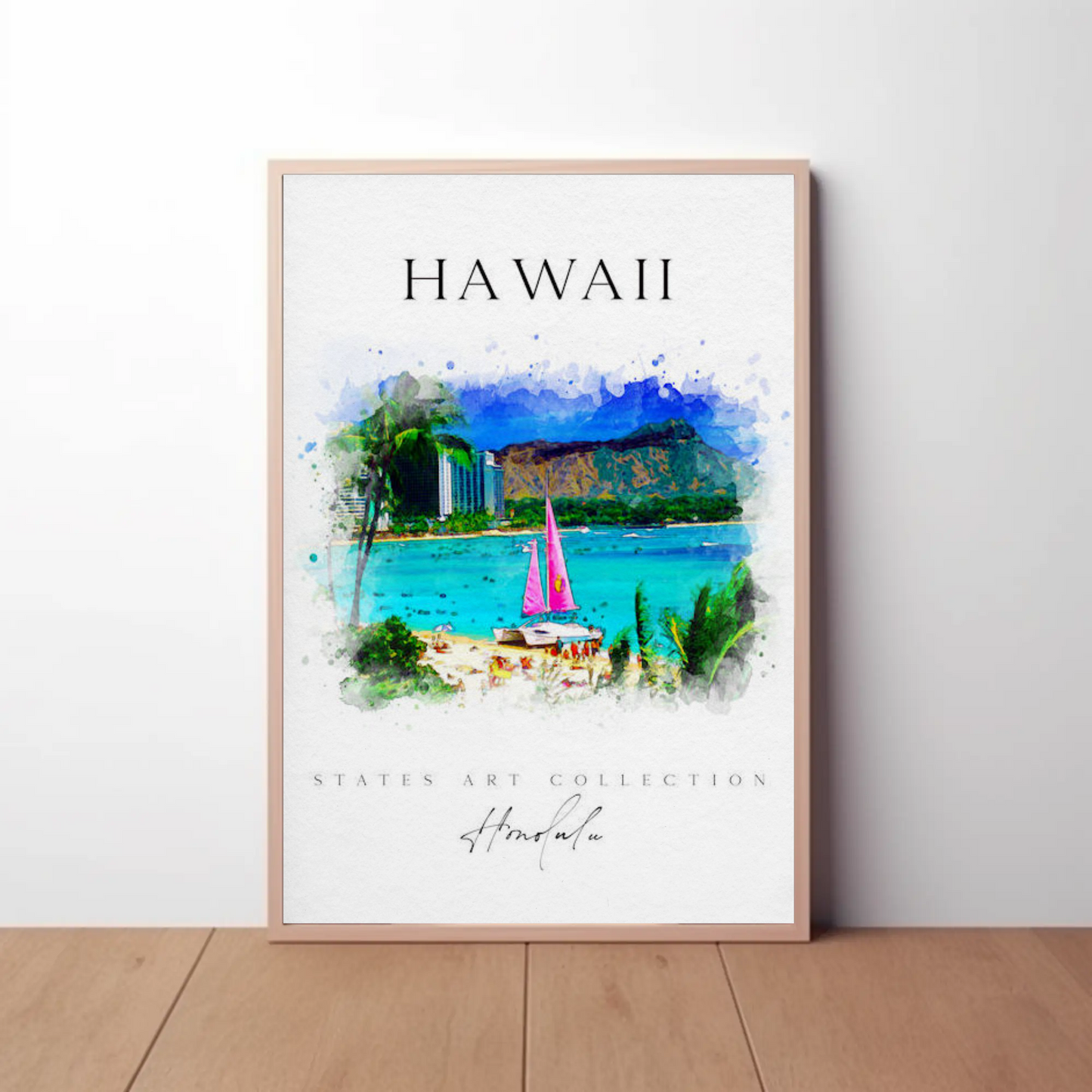 Hawaii Honolulu Sailboat Watercolor Skyline Poster