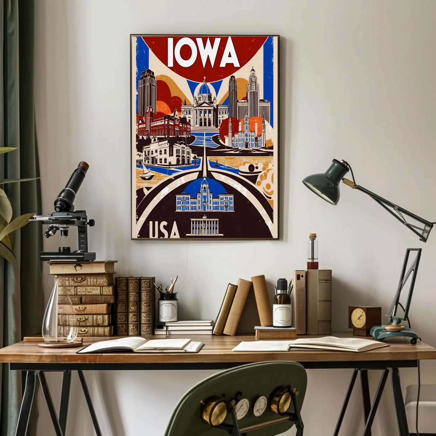Iowa USA Civic Dome And Skyline Vintage Maroon Travel Poster