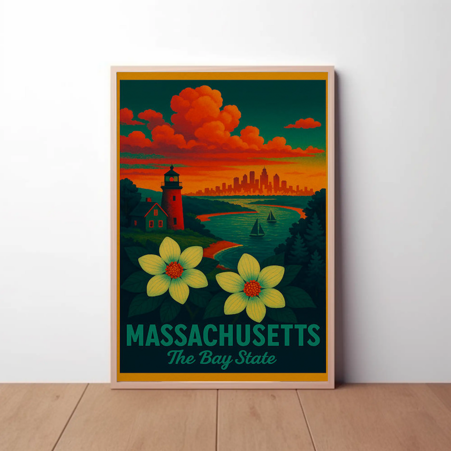 Massachusetts Bay State Sunset Lighthouse Flowers Poster