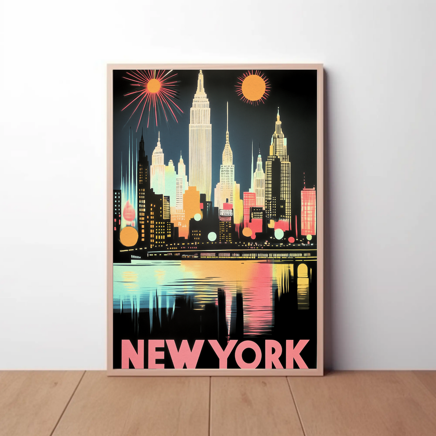 New York Night Skyline Neon Glow Lights Poster