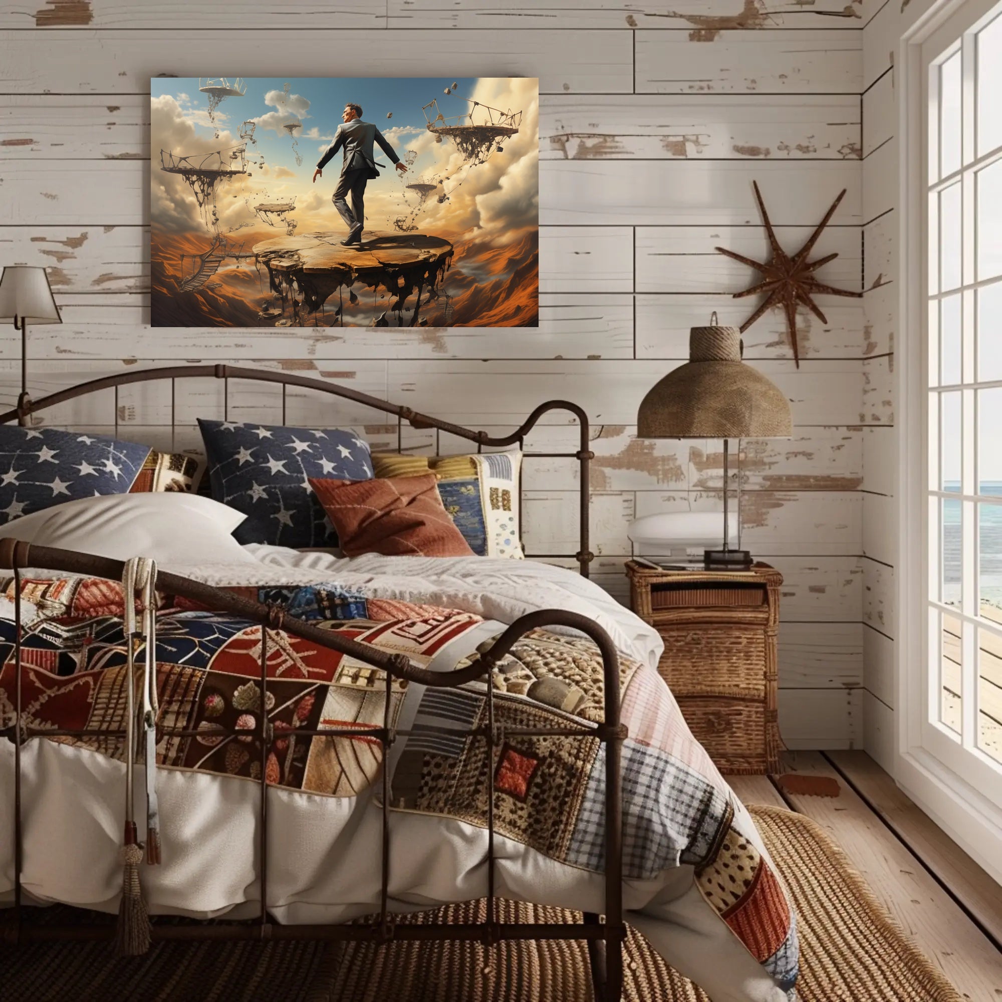 Surreal Suit Man on Broken Platforms Artistic Poster