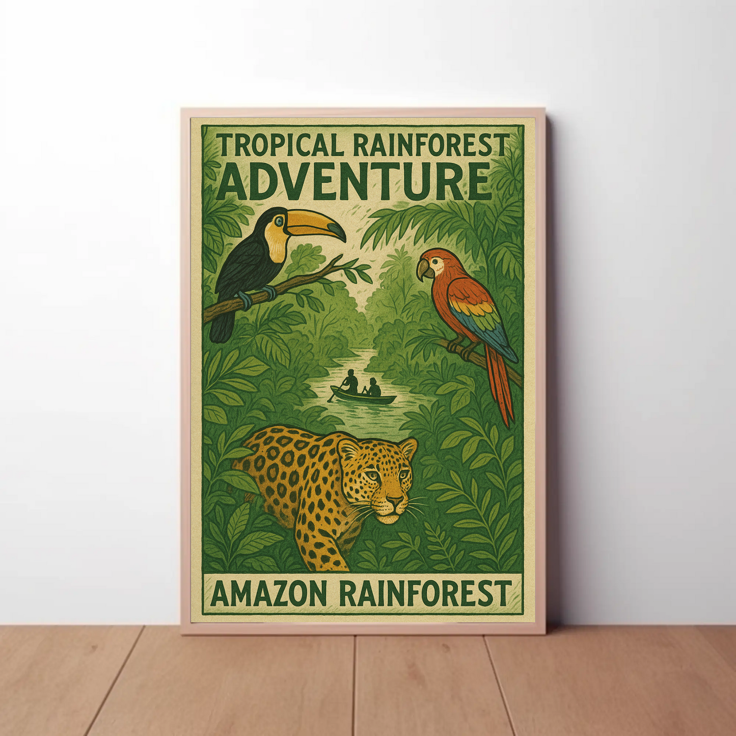 Amazon Rainforest Jaguar Parrots River Poster Poster
