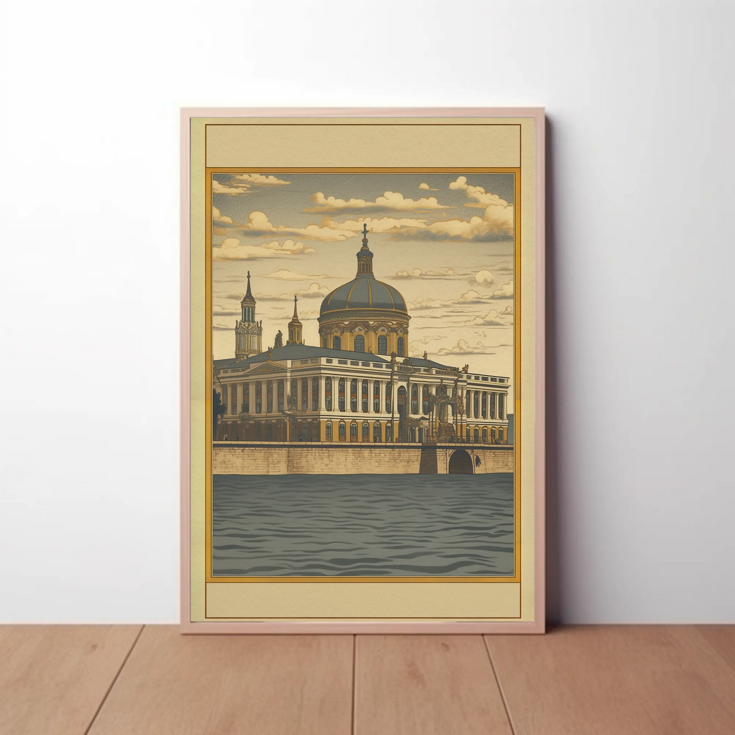 European Riverfront Baroque Palace Travel Poster