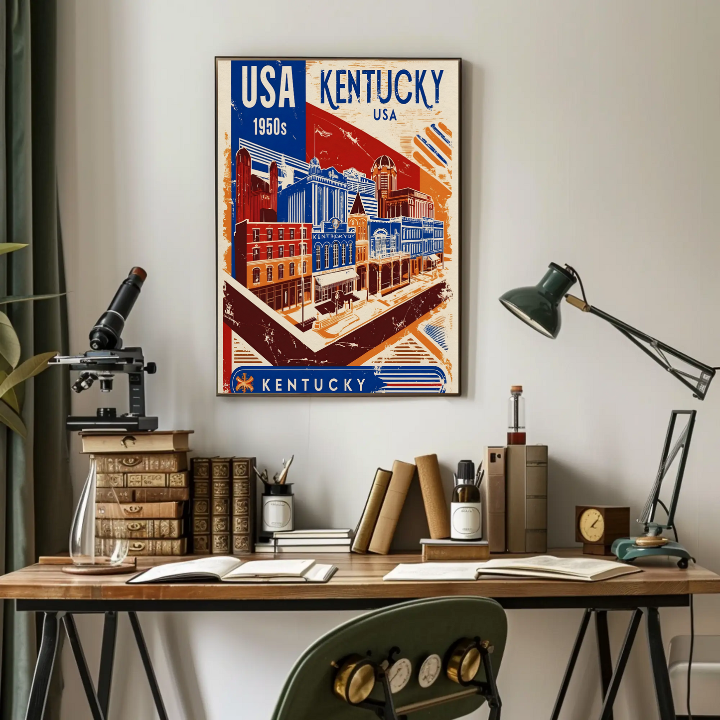 Kentucky USA 1950s Downtown Streets Vintage Maroon Travel Poster