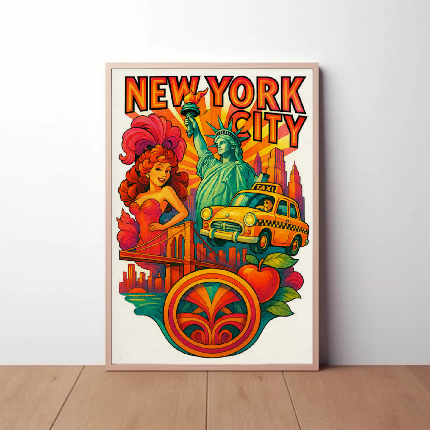 New York City Statue Brooklyn Bridge Vintage Taxi Travel Poster