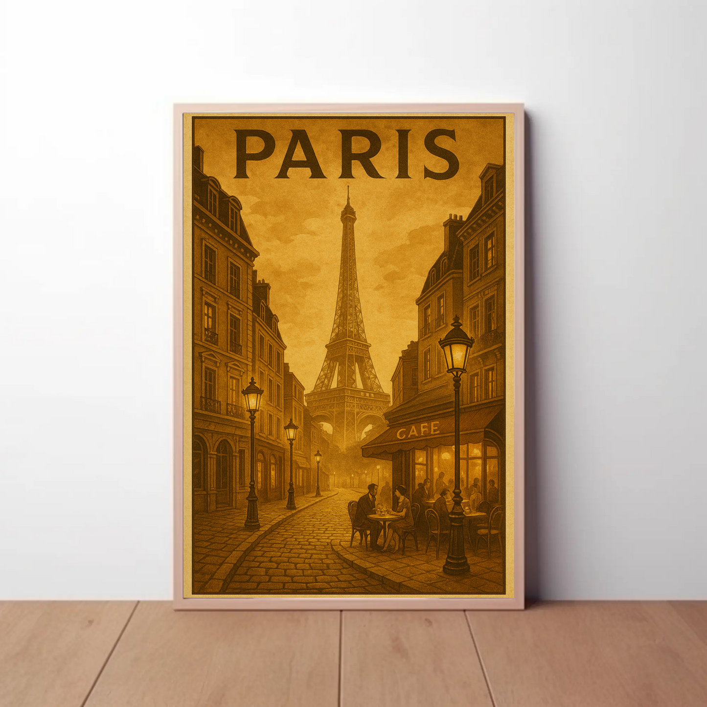 Paris Café Eiffel Sepia Travel Poster