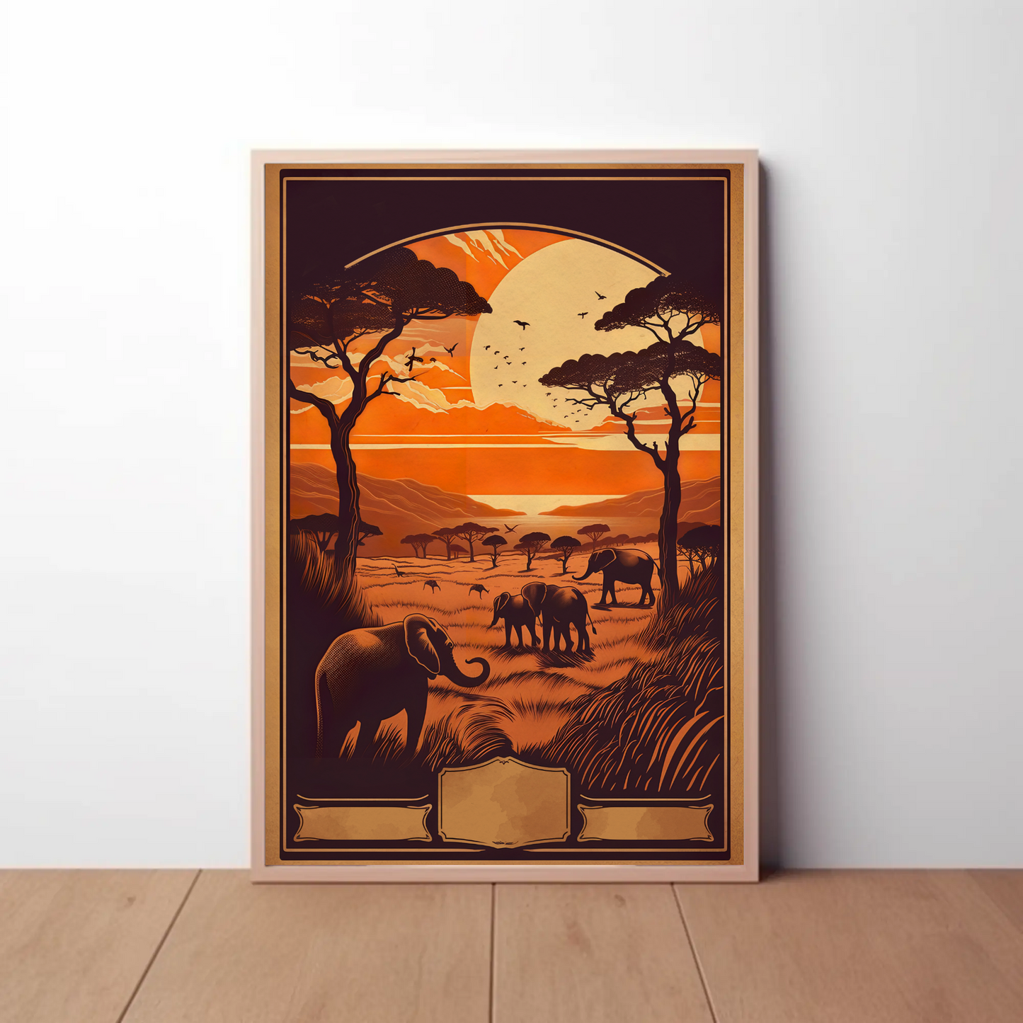 African Savanna Elephants Sunset Wildlife Travel Poster