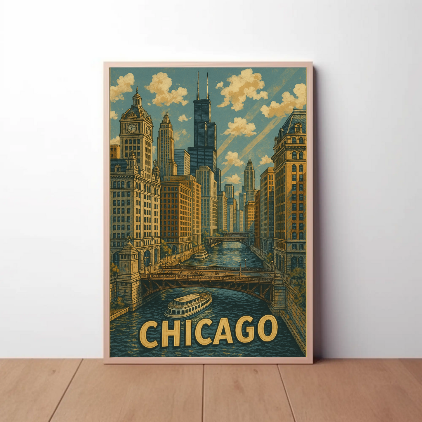 Chicago Willis Tower Bridge River Cityscape Travel Poster