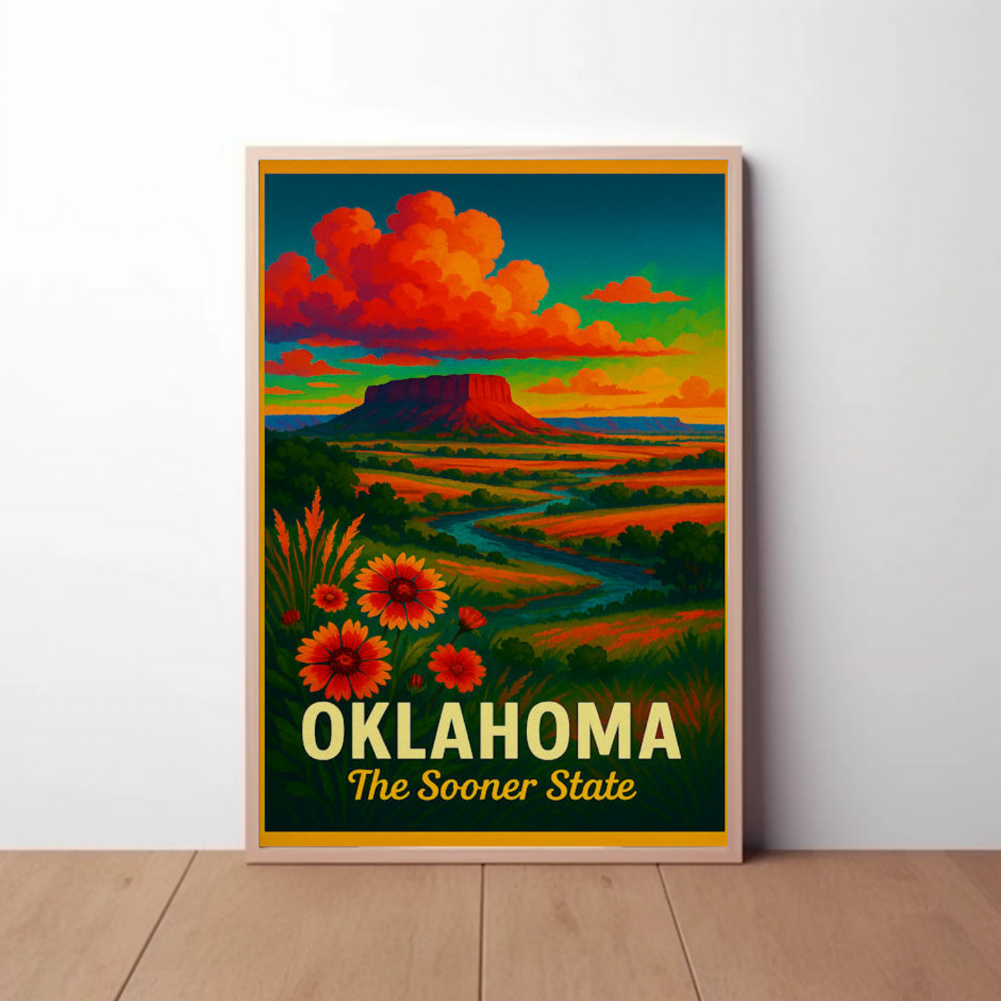 Oklahoma Sooner State Wildflowers Sunset Prairie Travel Poster
