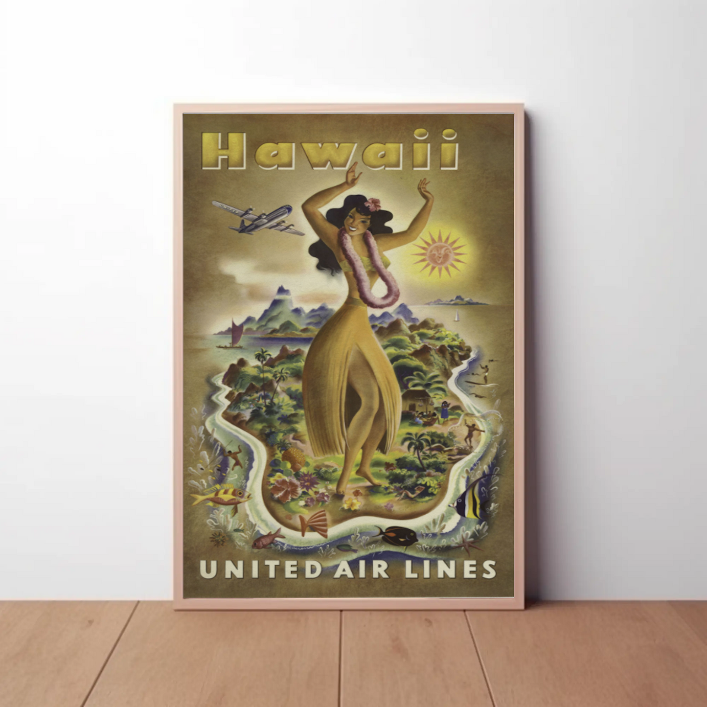 Hawaii Airlines Hula Girl Island Map Poster