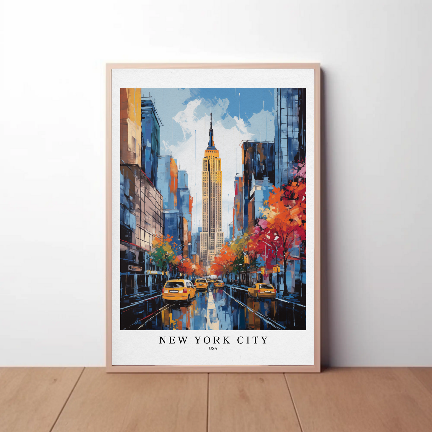 New York City Fall Taxis Empire State Building Travel Poster