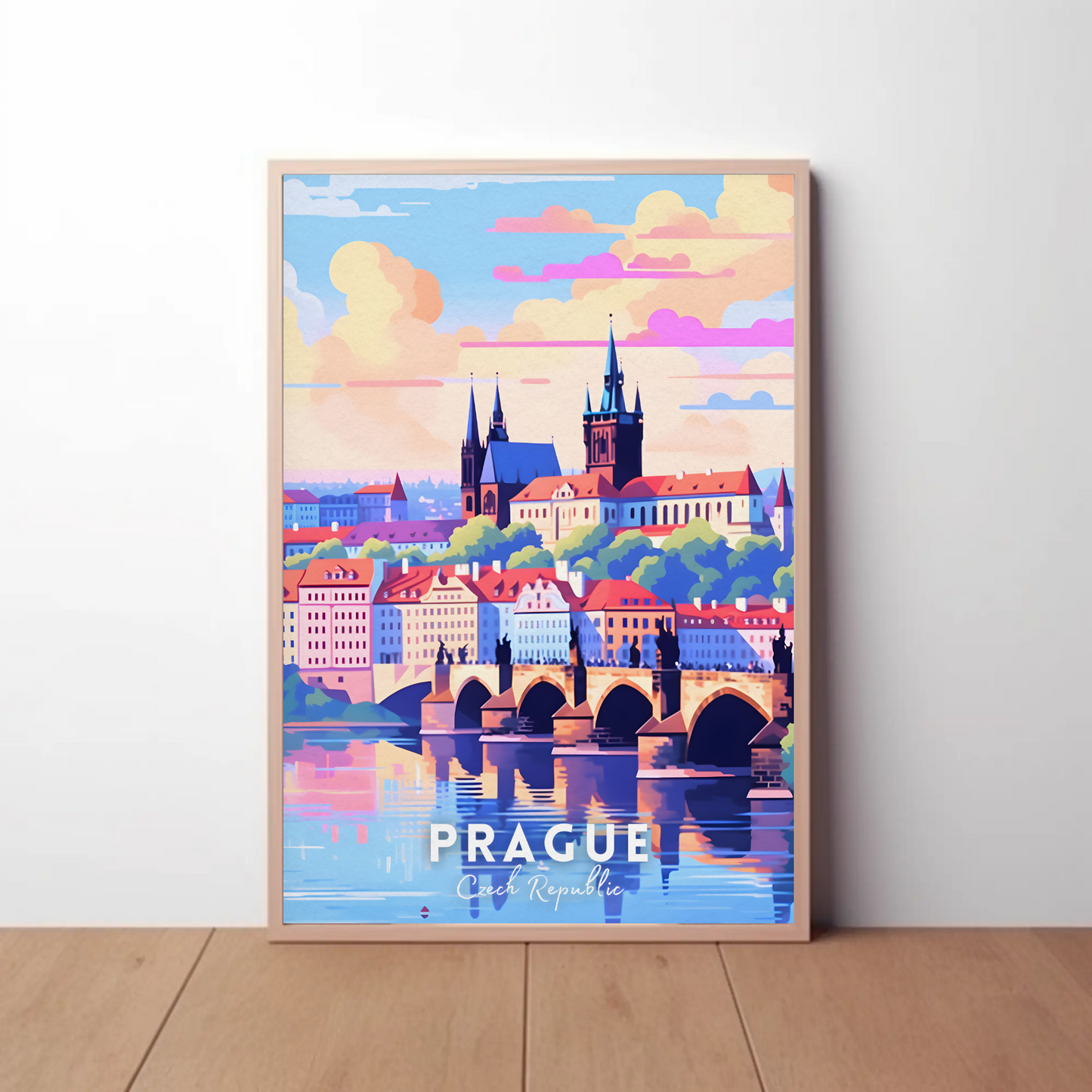 Prague City Bridge Sunset Travel Poster