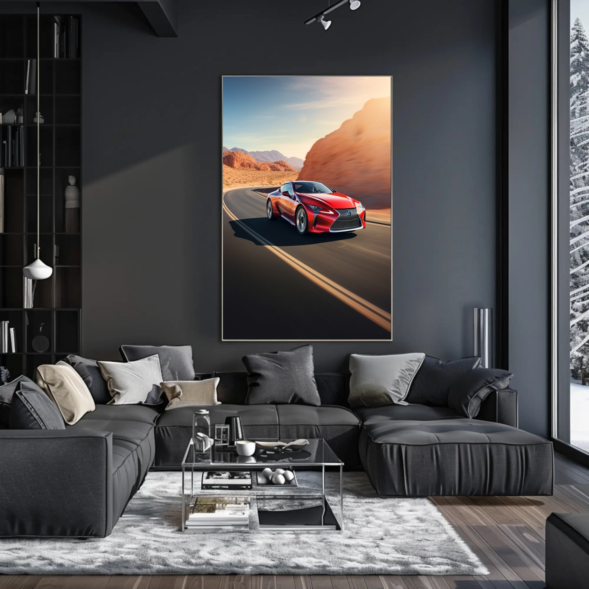 Sleek Red Sports Car on Desert Highway Poster PosterGoat