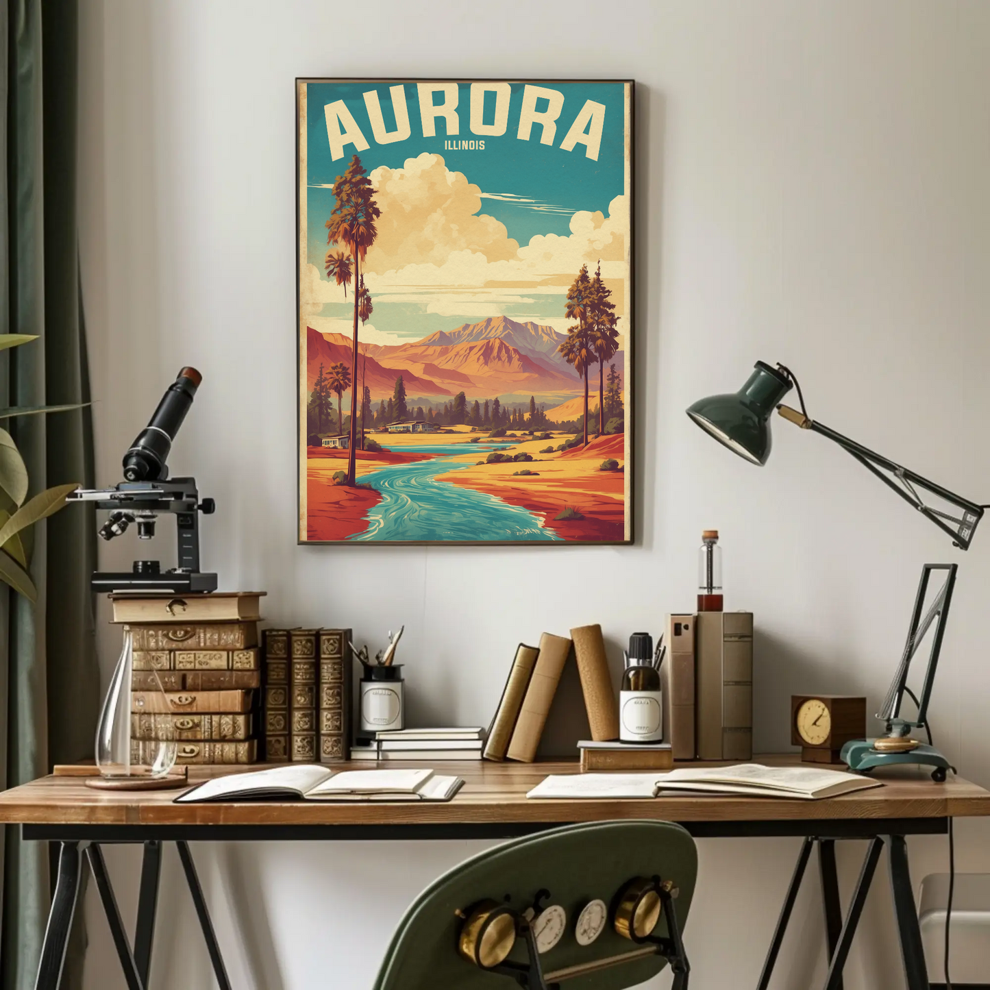 Aurora Illinois River Horizon Vintage Travel Poster