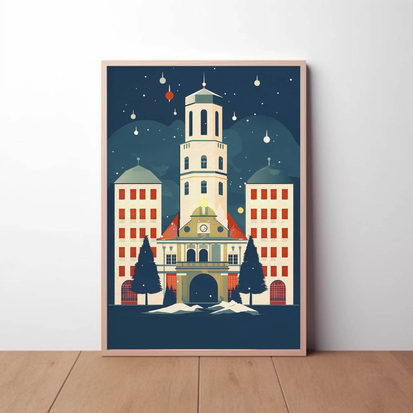 Winter Town Hall Scene With Stars Travel Poster