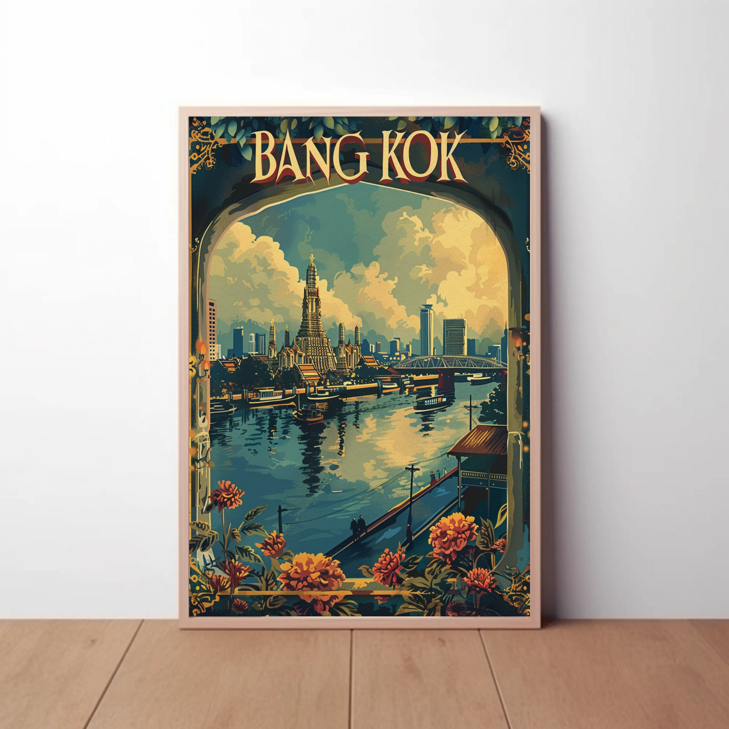 Bangkok Wat Arun Flowers Riverside City Thailand Travel Poster