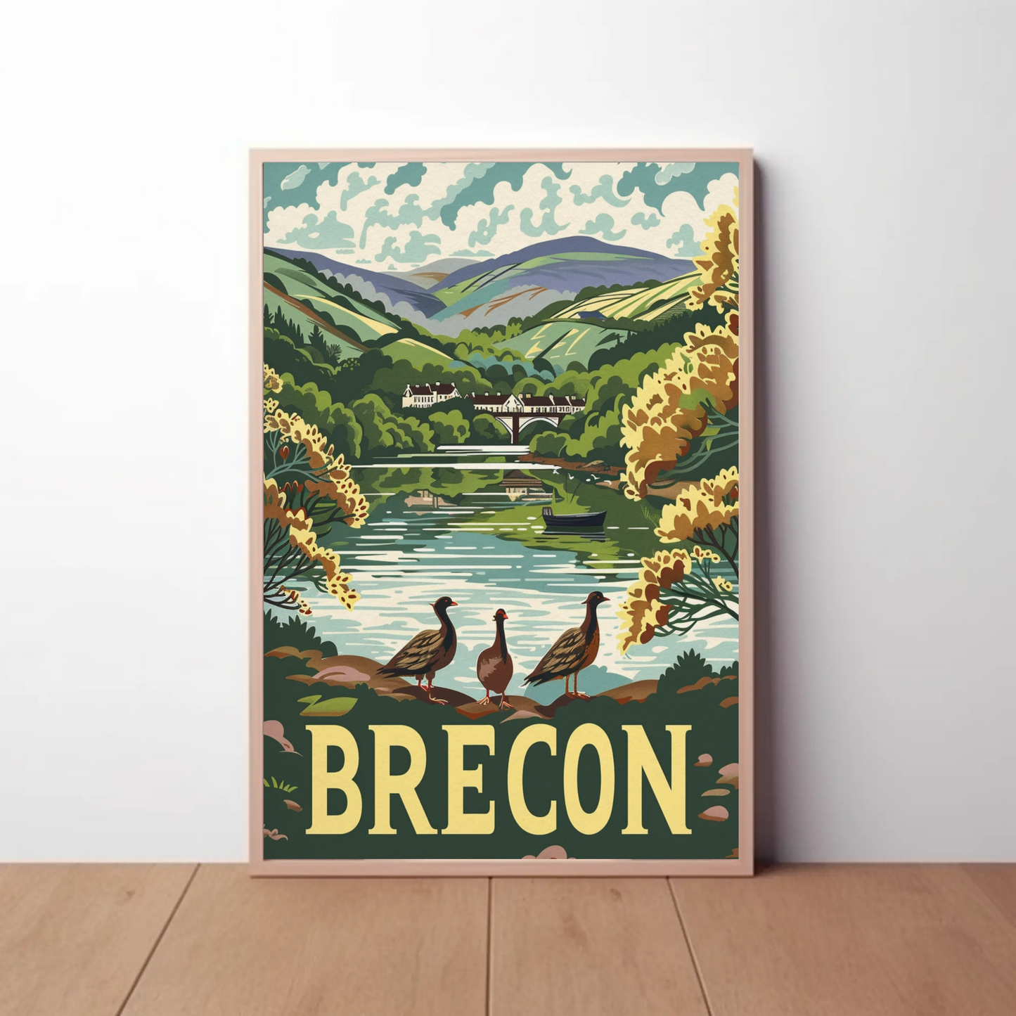 Brecon River Ducks Village Hillside Travel Poster