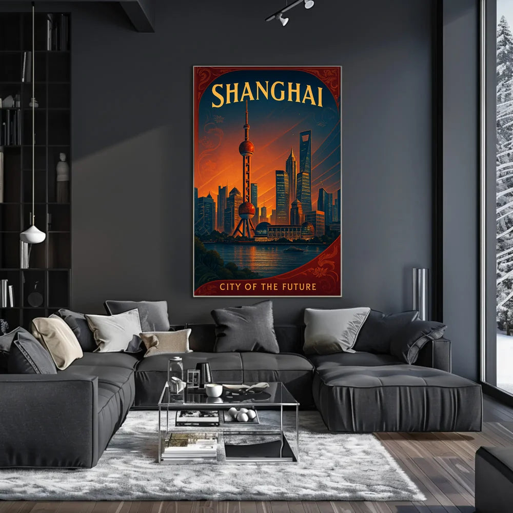 Shanghai Skyline Future Vision Retro Cityscape Urban Poster PosterGoat