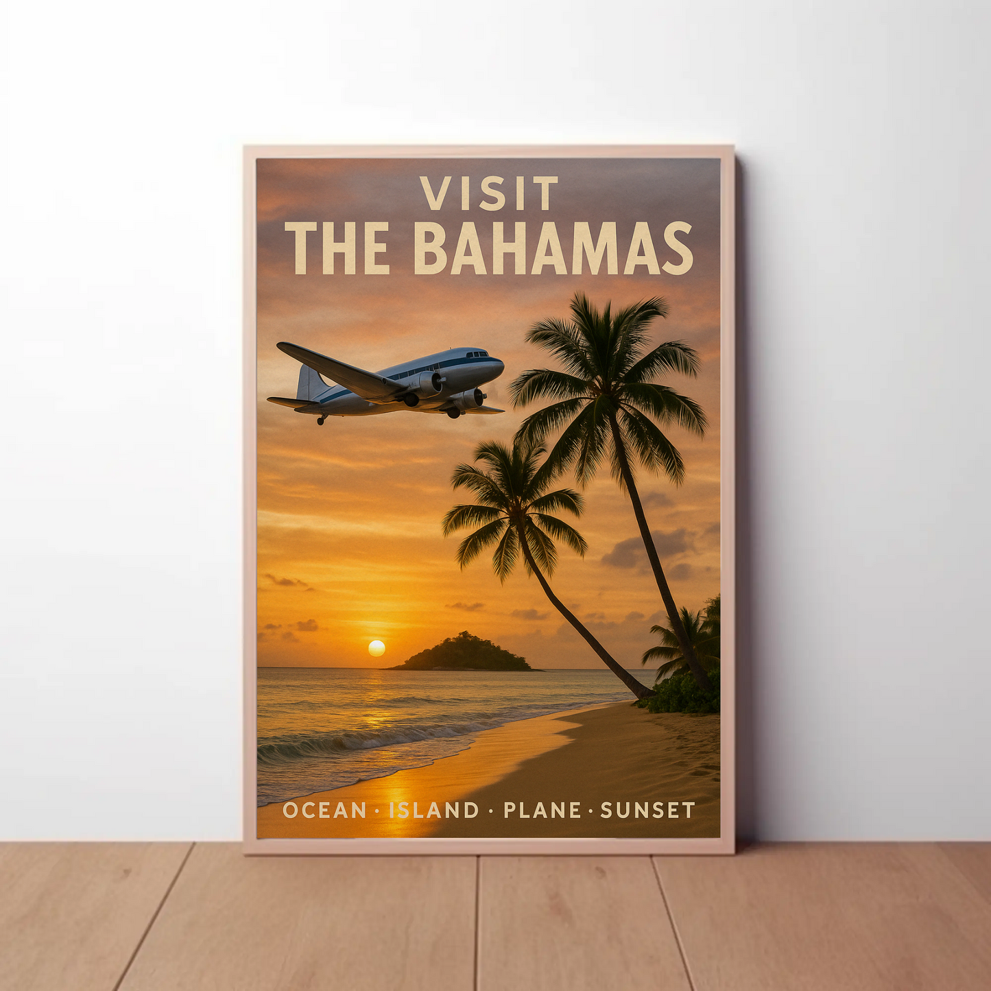 Visit The Bahamas Ocean Island Plane Sunset Travel Poster
