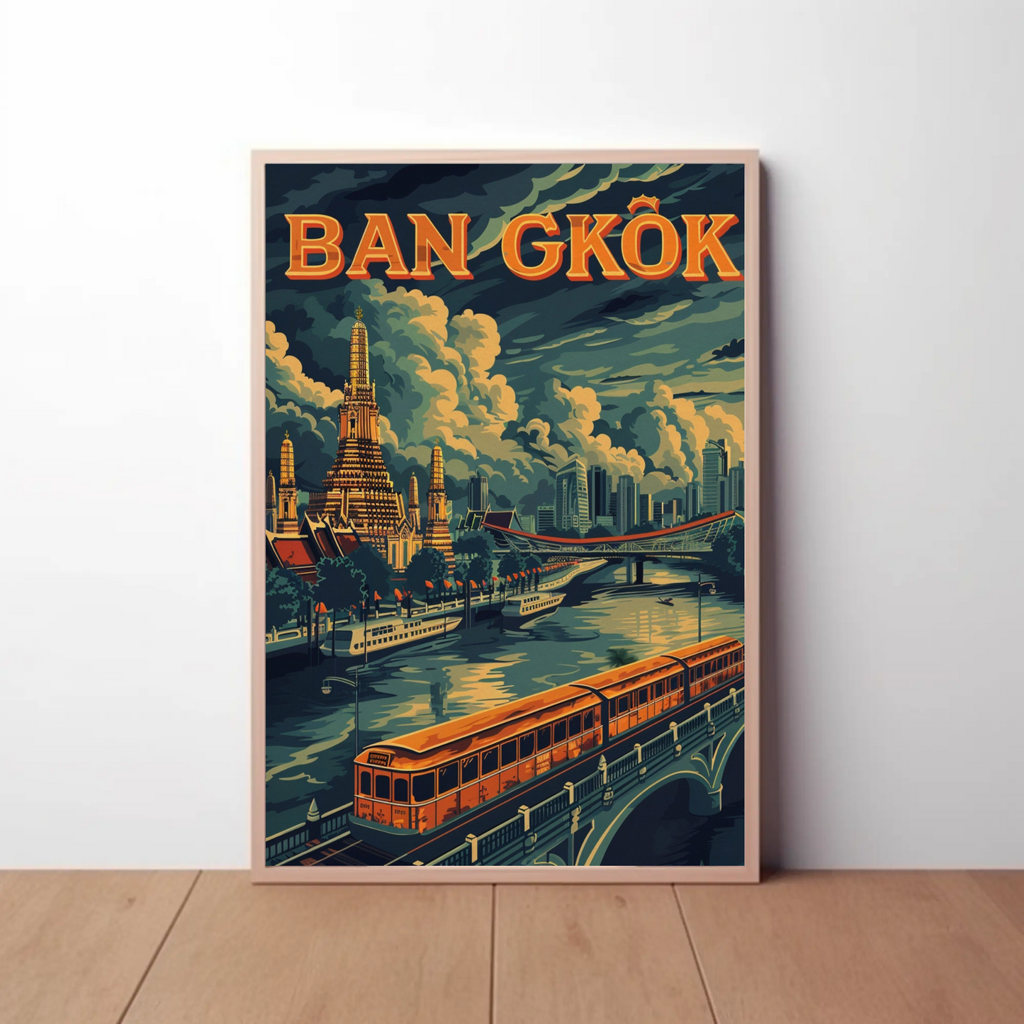 Bangkok Golden Temple River Train Skyline Scene Travel Poster