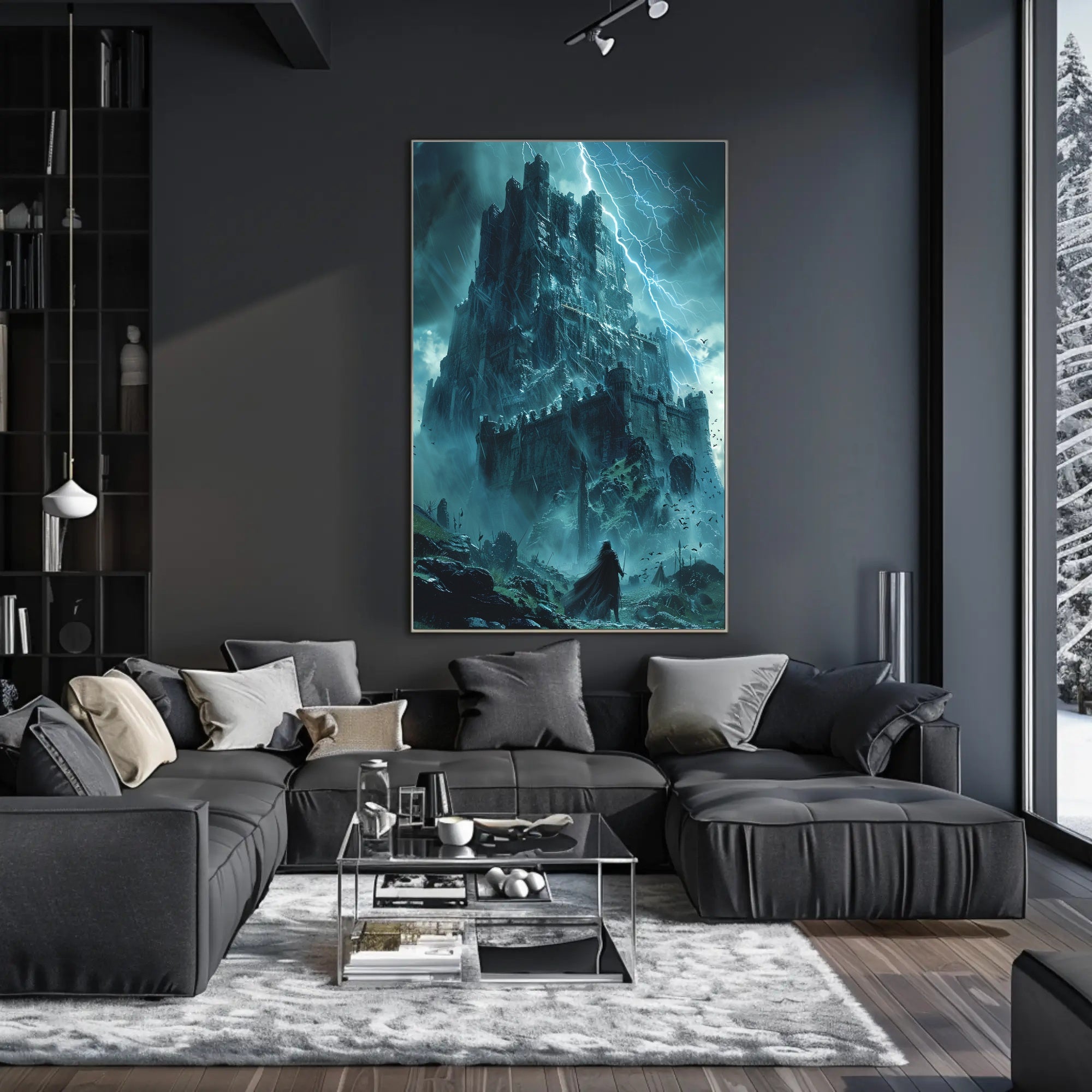 Ominous Fortress under Stormy Skies: Fantasy or Mythology Poster PosterGoat