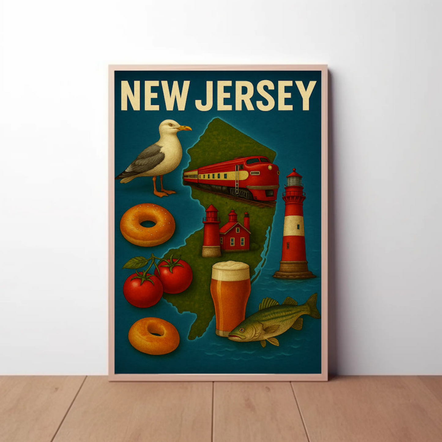 New Jersey Icons Lighthouses Bagels Beer Tomato Pride Travel Poster Travel Poster