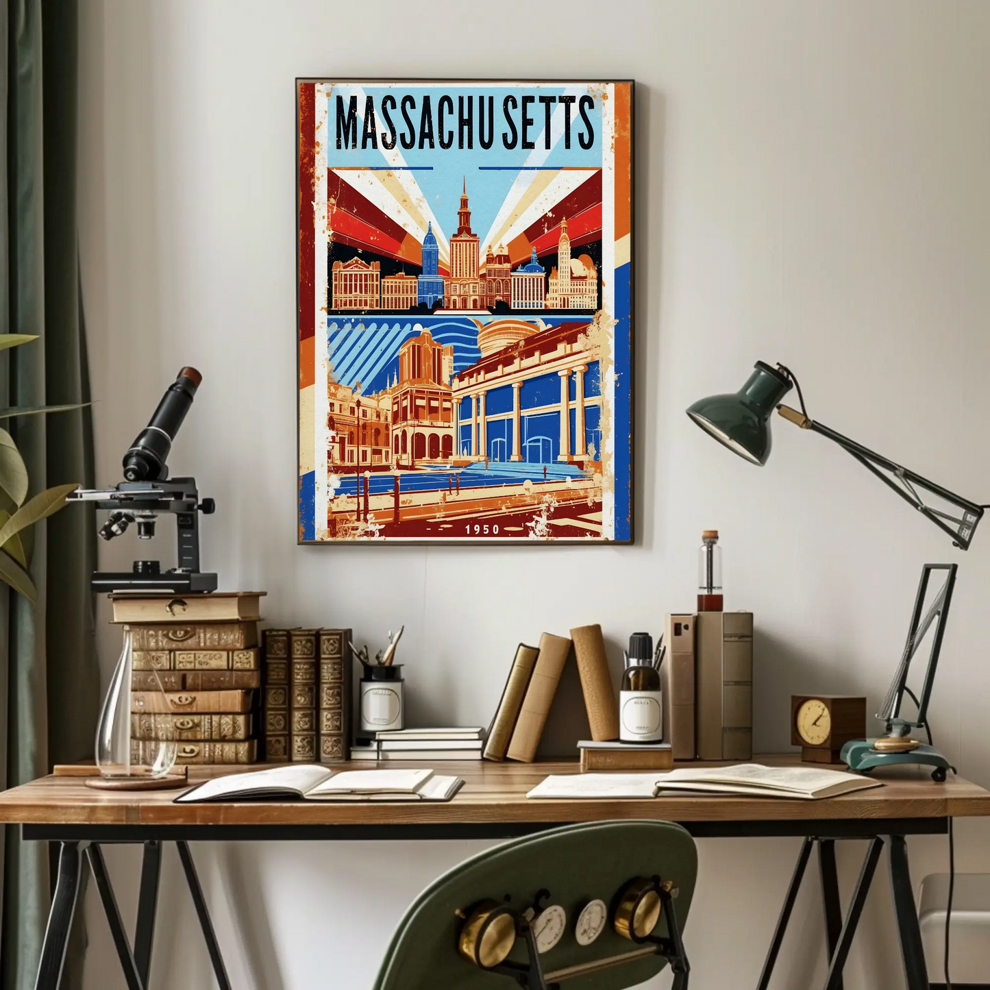 Massachusetts USA 1950 Capitol Skyline Vintage Travel Poster
