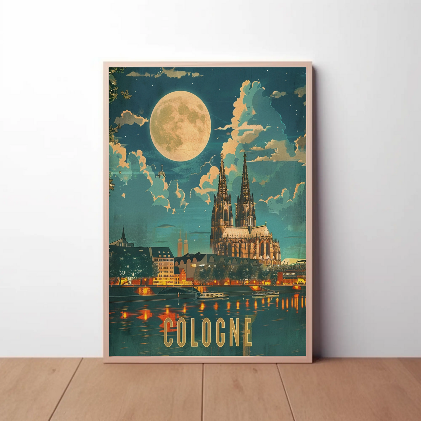 Cologne Cathedral Moonlight River Reflection Travel Poster
