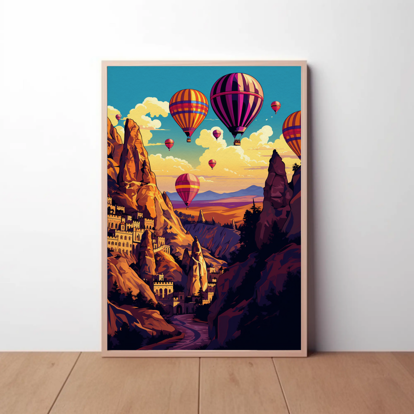 Cappadocia Hot Air Balloons Rock Formations Sky Travel Poster
