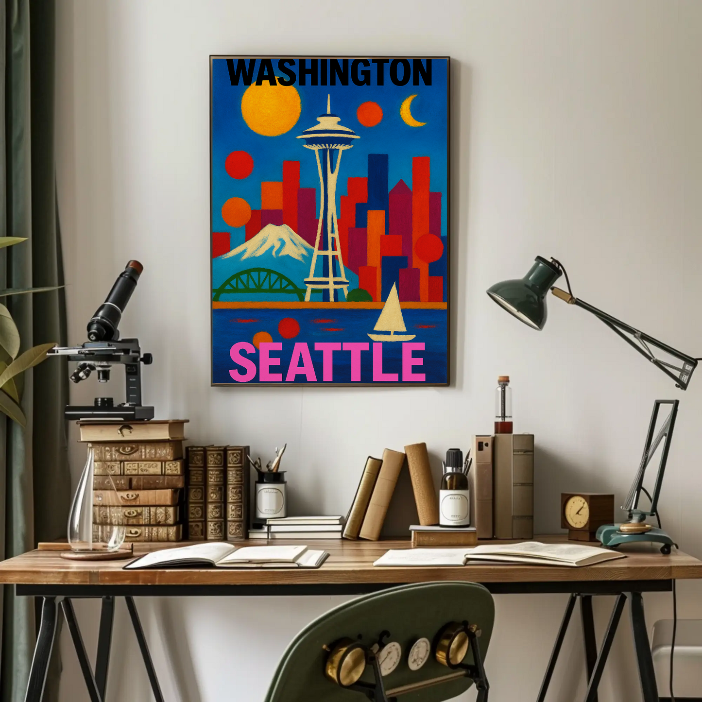 Washington Seattle Space Needle Mountains Sunset Vintage Travel Poster