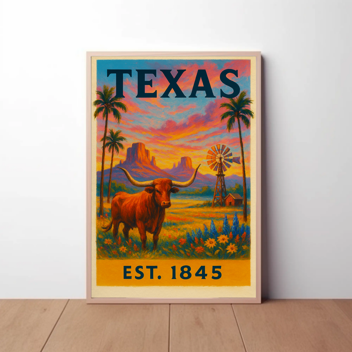 Texas Sunset Longhorn Windmill Landscape Travel Poster