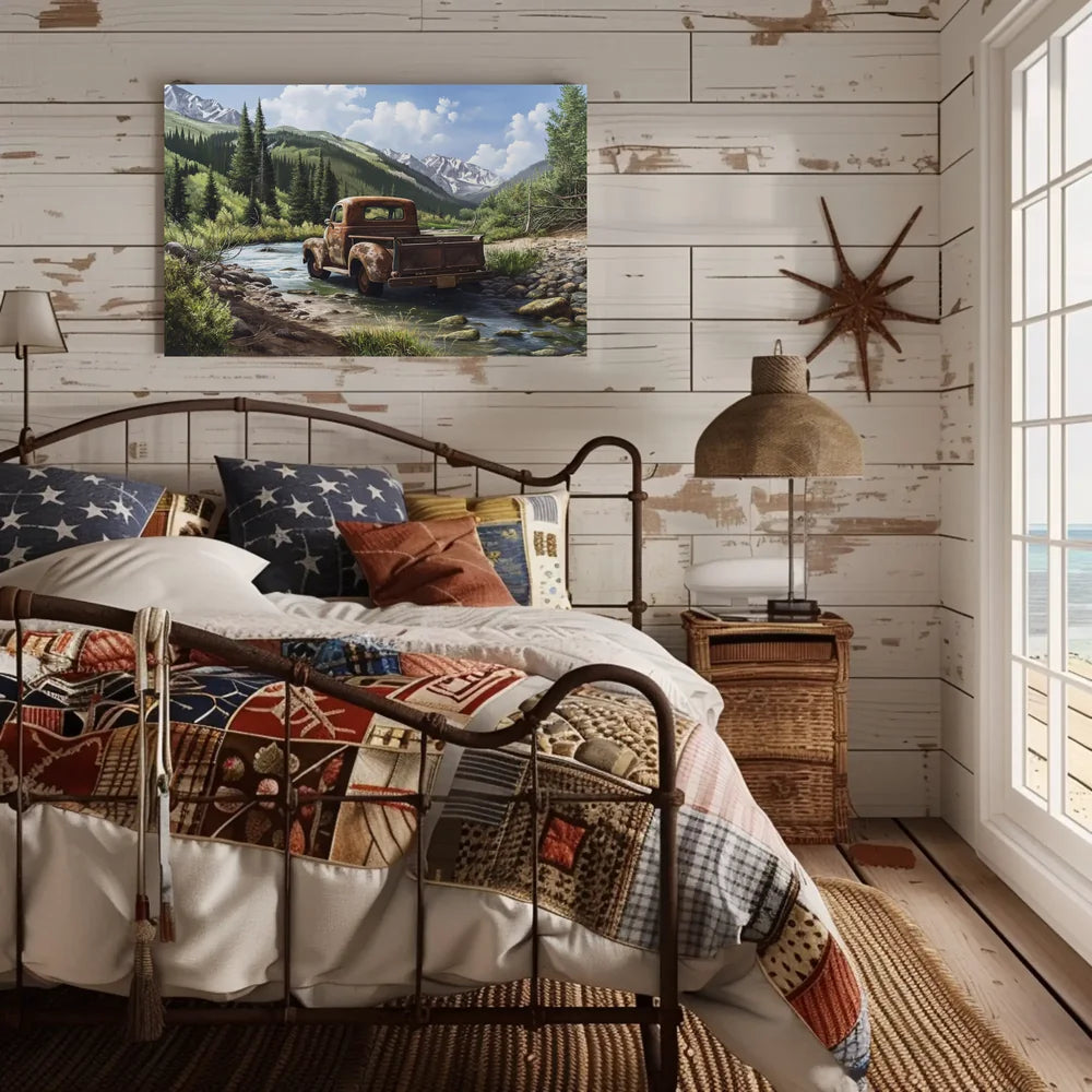 Vintage Truck in Serene Mountain Landscape Poster