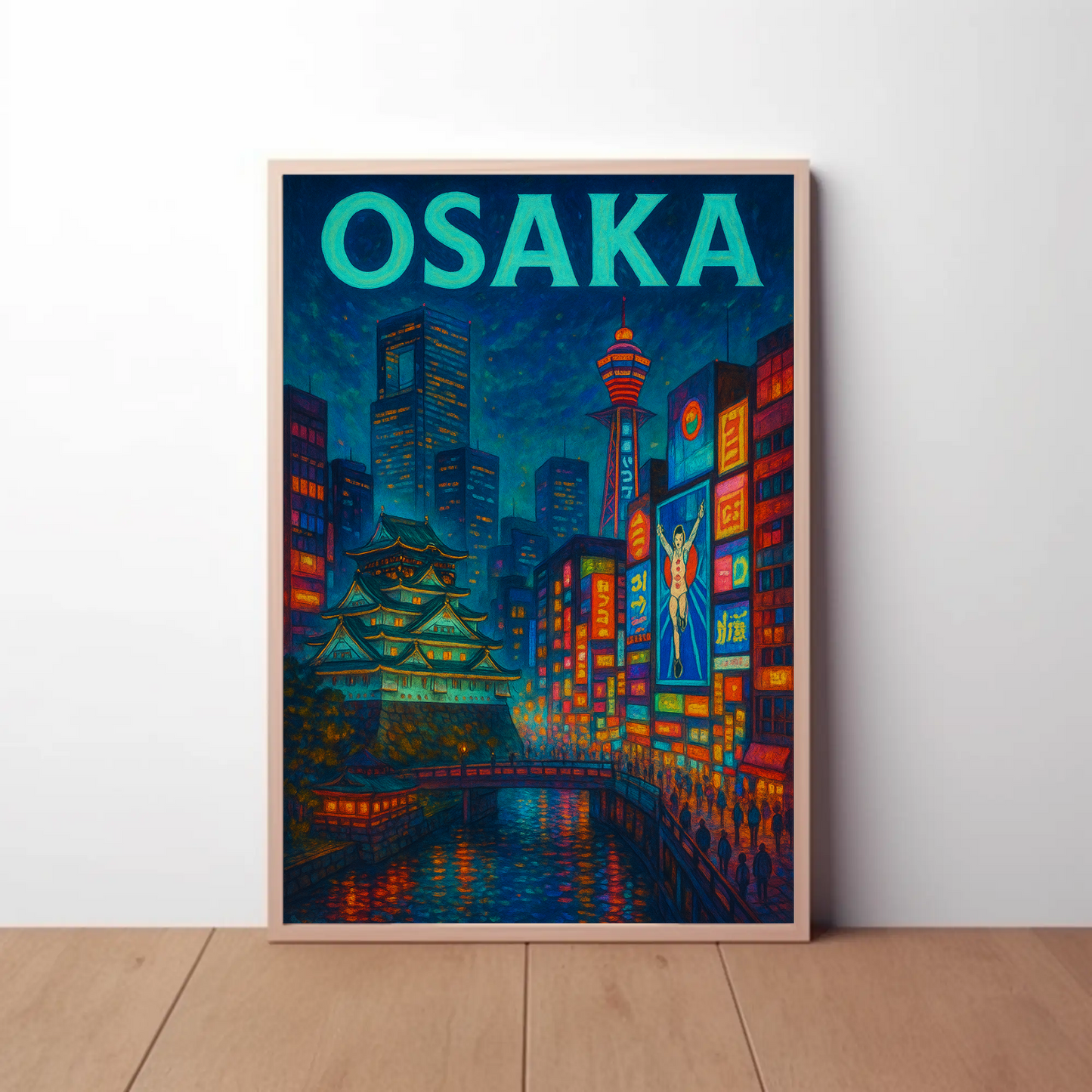 Osaka Neon and Castle Night Travel Poster