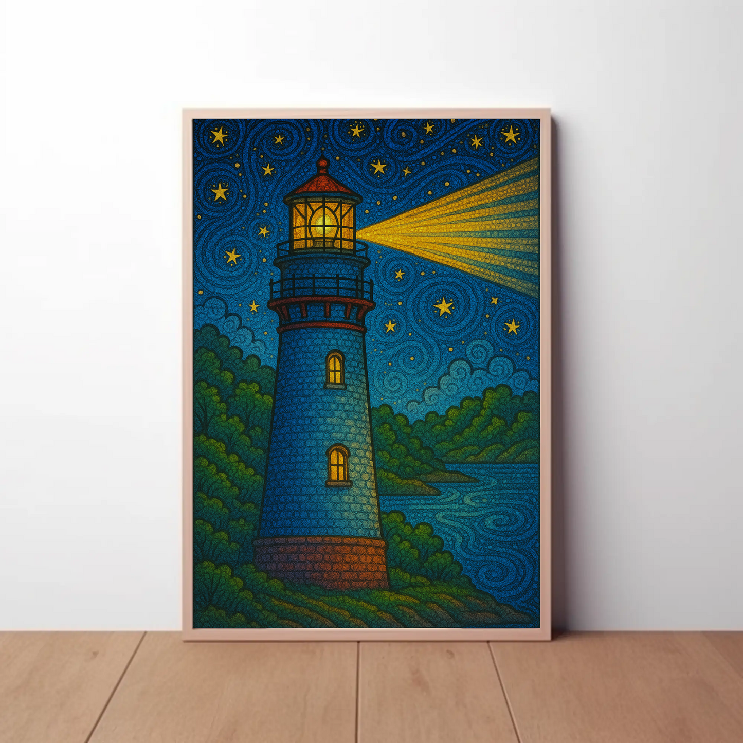 Lighthouse Night Stars Ocean Beacon Illustration Travel Poster