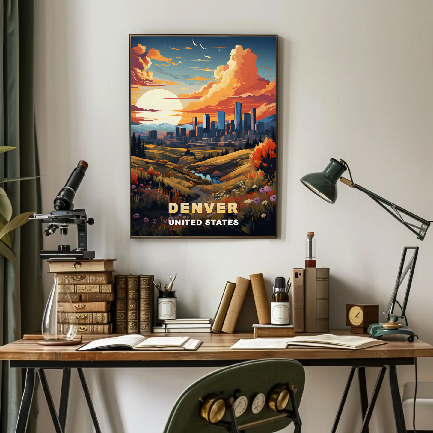 Denver Autumn Meadow Skyline Vintage Travel Poster