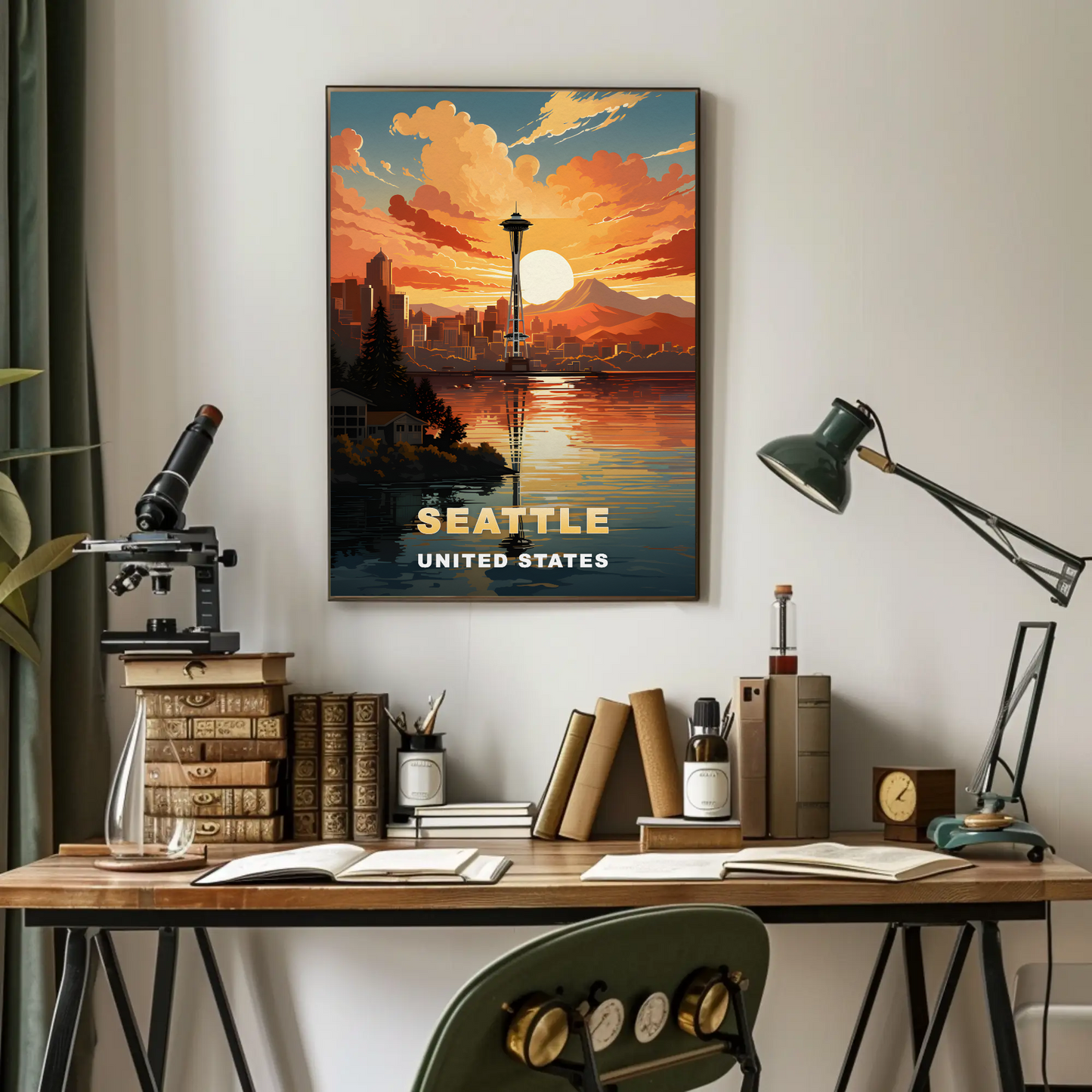 Seattle Washington Space Needle Sunset Vintage Travel Poster
