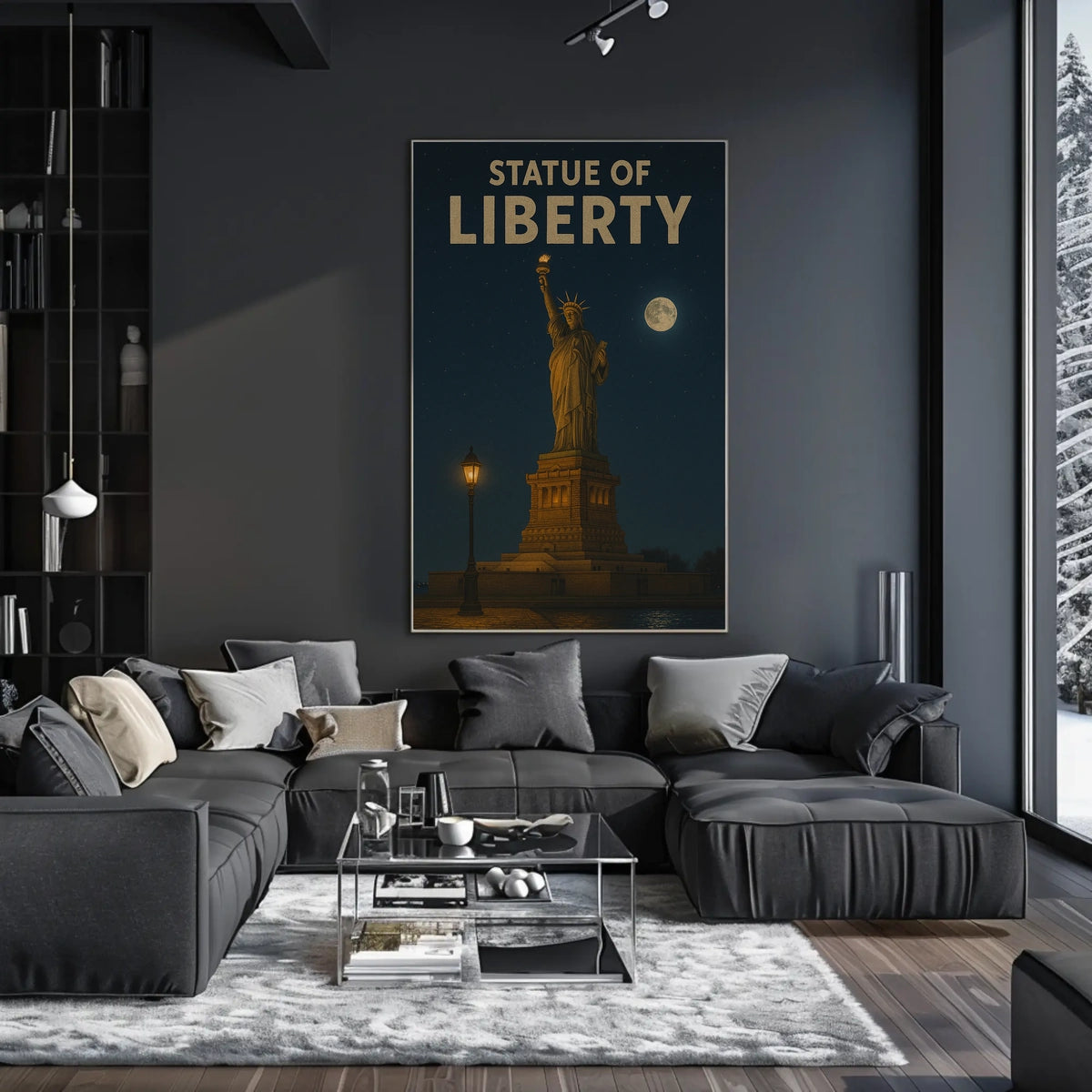Statue Of Liberty Night Scene Poster Vintage Wall Art