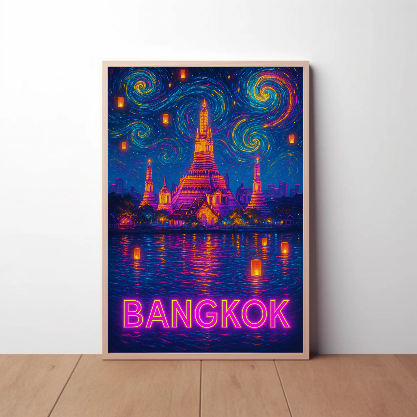 Bangkok Neon Temple Night Travel Poster