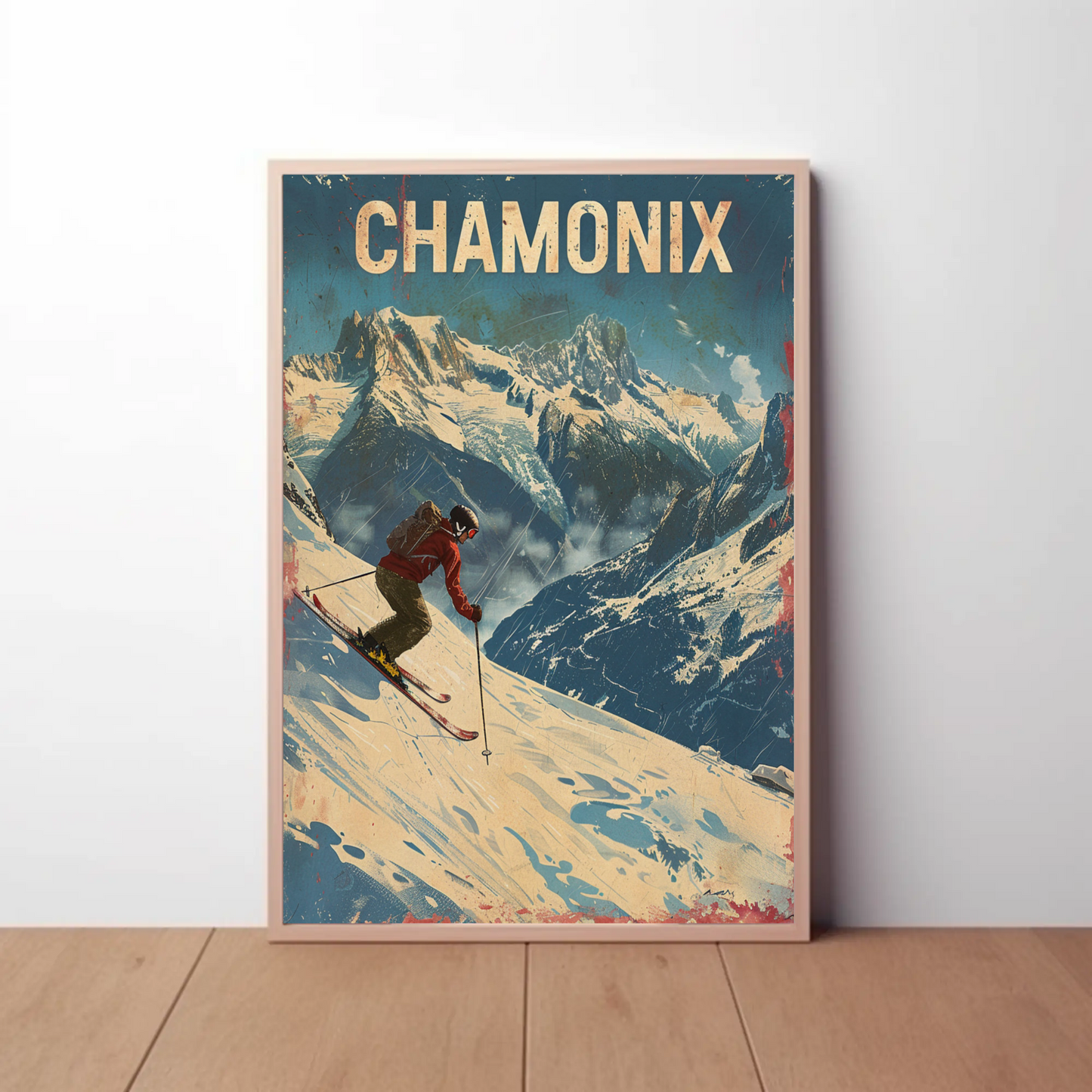 Chamonix France Skier Mountain Slope Adventure Alps Travel Poster
