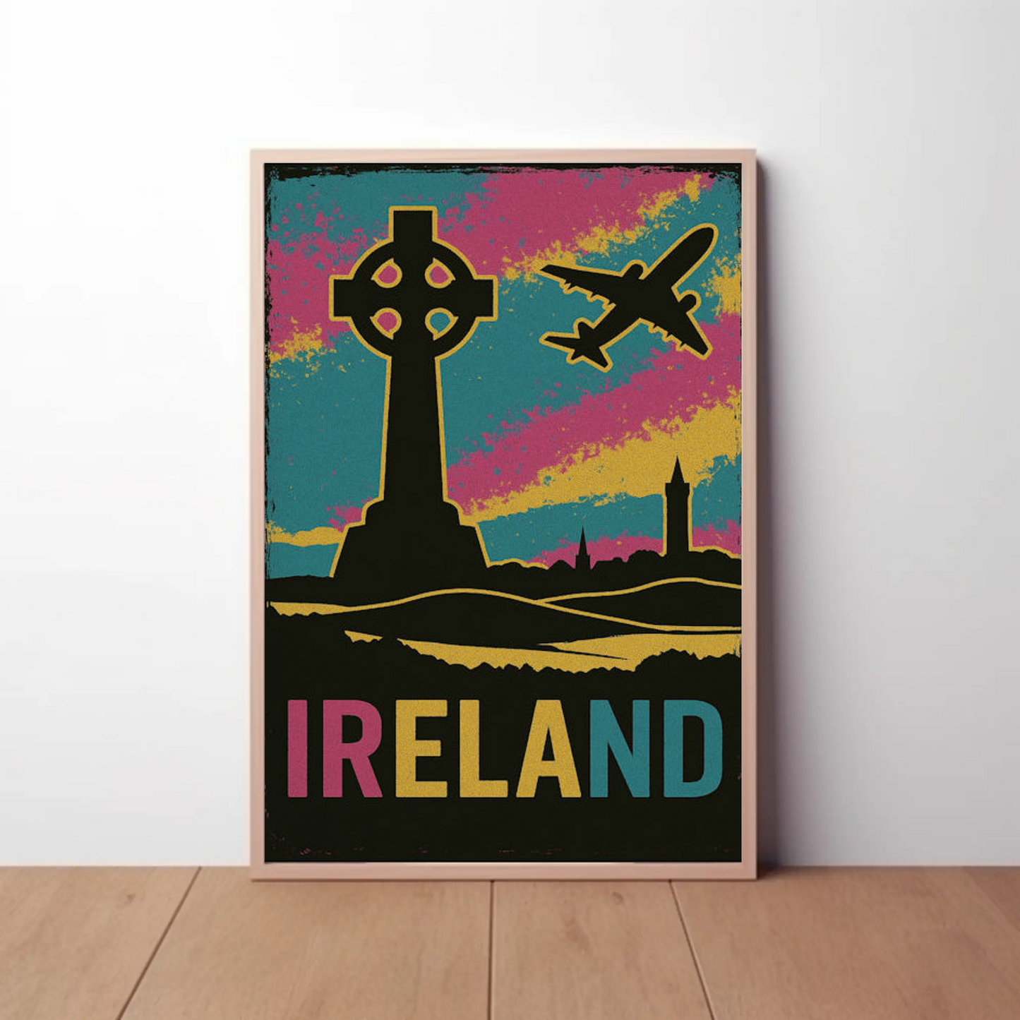 Ireland Celtic Cross Air Travel Retro Poster