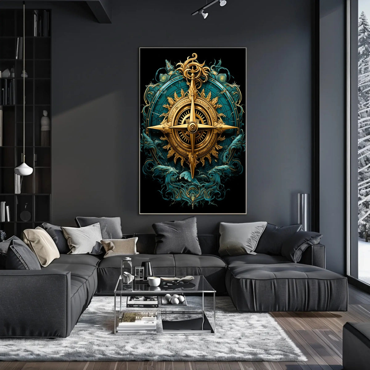 Navigating Mystical Seas Golden Compass Art Deco Oceanic Adventure Maritime Dreamscape Poster