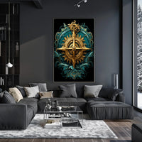 Navigating Mystical Seas Golden Compass Art Deco Oceanic Adventure Maritime Dreamscape Poster