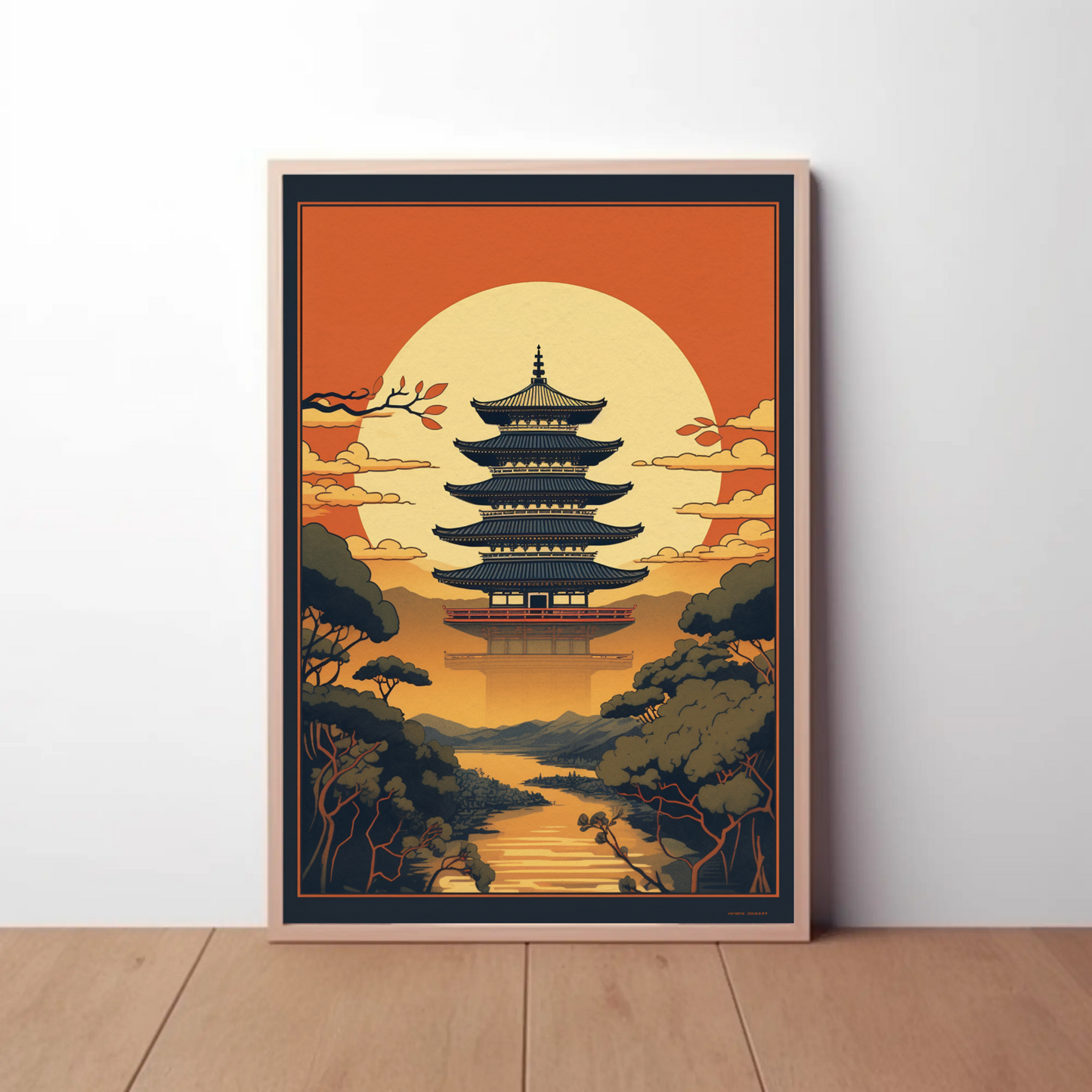 Japanese Temple Sunset Silhouette Travel Poster