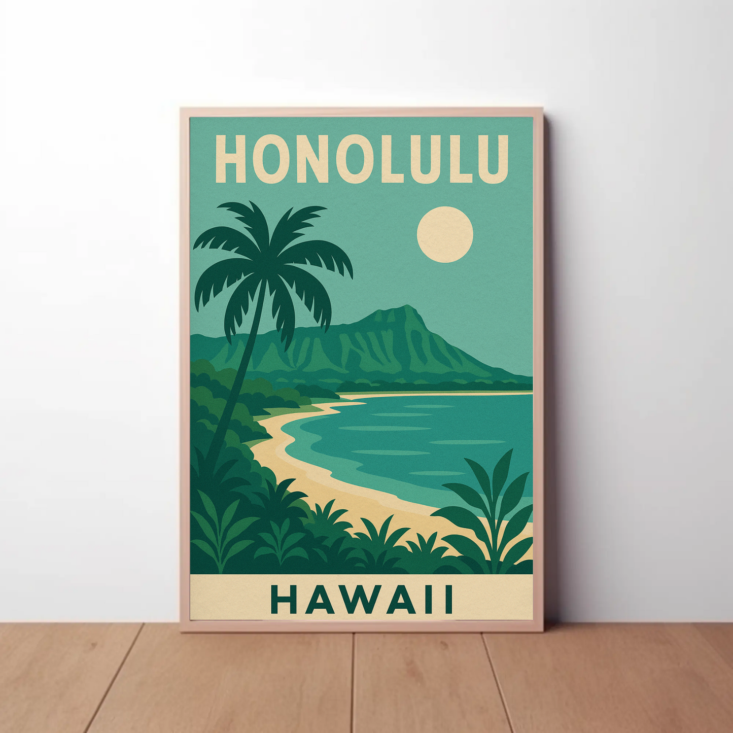 Honolulu Hawaii Beach Palm Trees Coastline Travel Poster